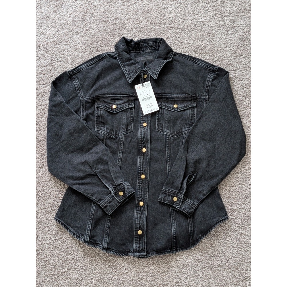 Zara Trucker Denim Jacket Washed Black Corset Hourglass Shape Women's Large NWT